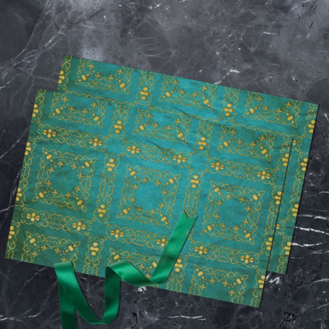 Papel De Seda Clássico Dourado Damasco Brocade em Teal (Criador carregado)