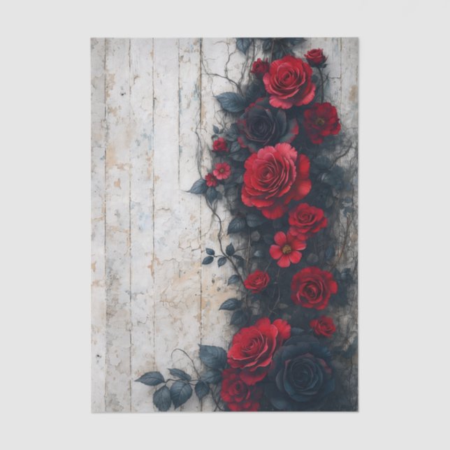 Papel De Seda Climbing Red Roses on Rustic Wood FE5R Decoupage (Frente )