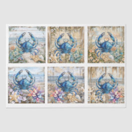 Papel De Seda Coastal Beach Floral Blue Crab & Shells Decoupage 