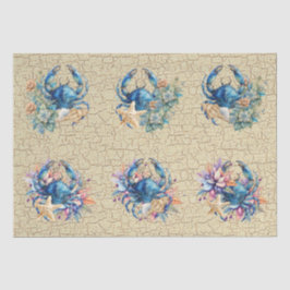 Papel De Seda Coastal Beach Floral Blue Crab & Shells Decoupage 