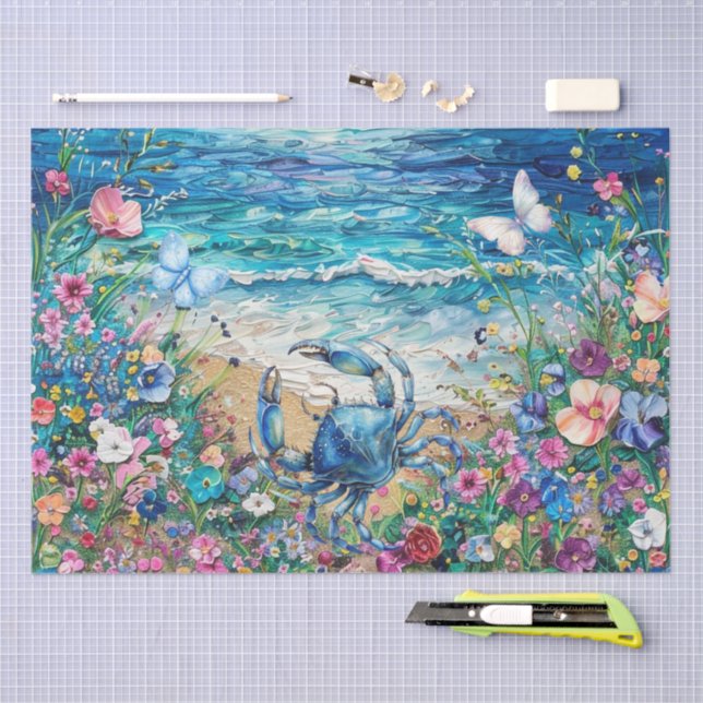 Papel De Seda Coastal Floral Blue Crab & Butterflies Decoupage  (Arte )
