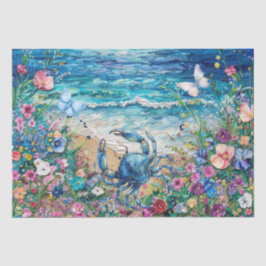 Papel De Seda Coastal Floral Blue Crab & Butterflies Decoupage 