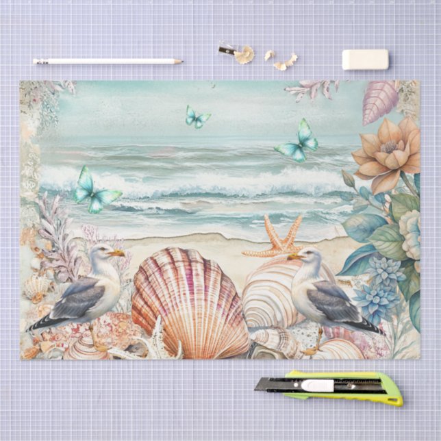 Papel De Seda Coastal Floral Seagulls & Seashells Decoupage  (Arte )