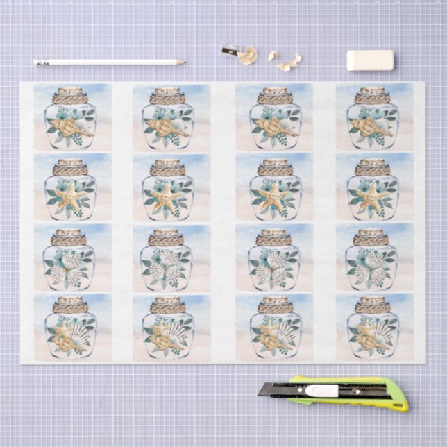 Papel De Seda Coastal Floral Seashells in a Jar Decoupage  (Arte )