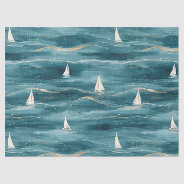 Papel De Seda Coastal Sailboat Waves Nautical Pattern (3) (Frente )