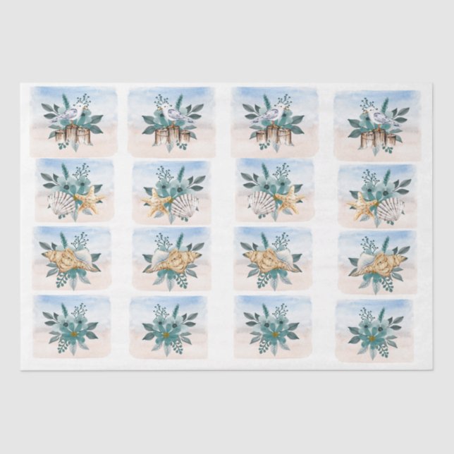 Papel De Seda Coastal Sandpipers Flowers Shells Decoupage Paper (Frente )