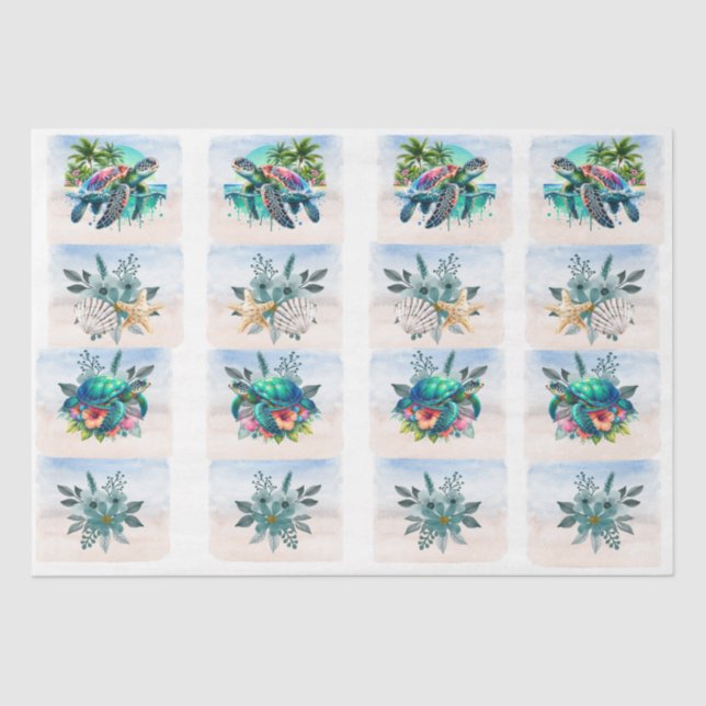 Papel De Seda Coastal Sea Turtles Flowers Seashells Decoupage  (Frente )
