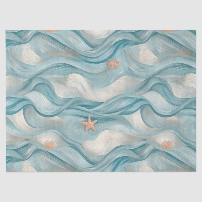 Papel De Seda Coastal Starfish on Aqua Sand Waves Pattern (9) (Frente )