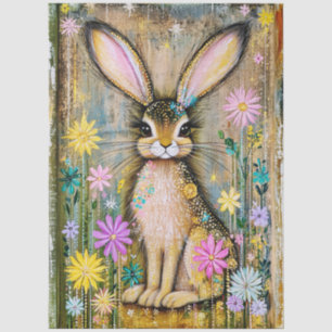 Papel De Seda Coelho Boho Fofo e Flores de Primavera, Arte Folcl