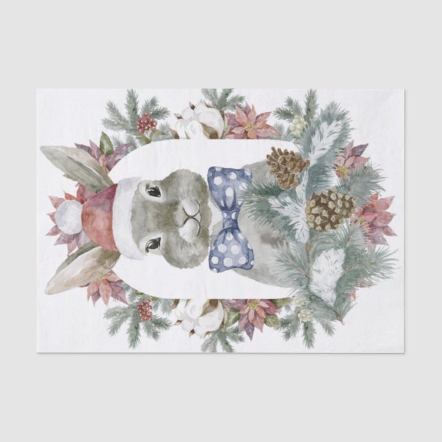 Papel De Seda Coelho de Natal em Aquarela Com Laço de Bolinhas (Frente )