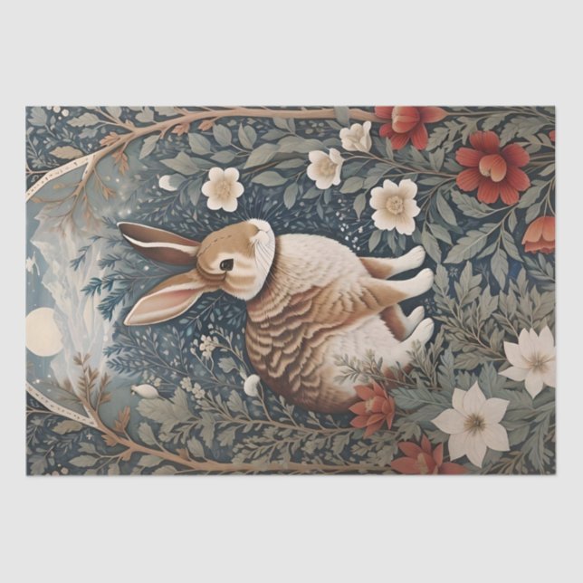 Papel De Seda Coelho Elegante Enquadrado por Flores e Folhas (Frente )