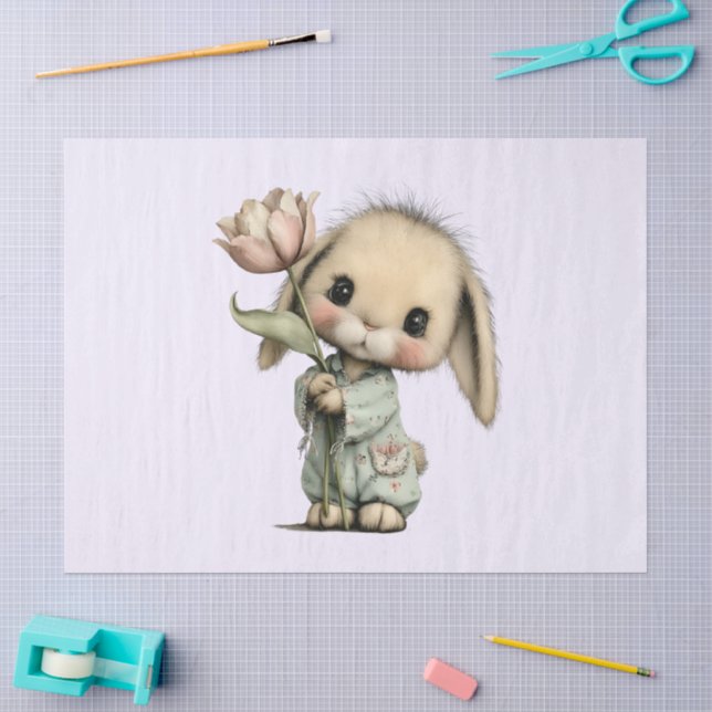 Papel De Seda Coelho Fofo Segurando um Tulipa (Arte )
