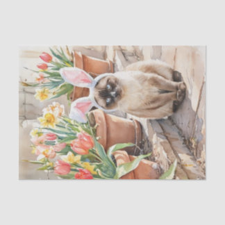 Papel De Seda Coelho Siames Cute Gato de Páscoa com Tulipas