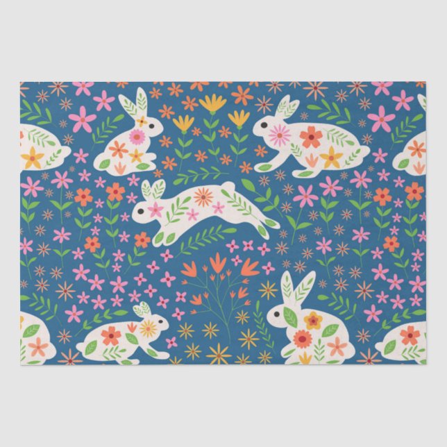 Papel De Seda Coelhos da Páscoa com flores caprichosas   (Frente )
