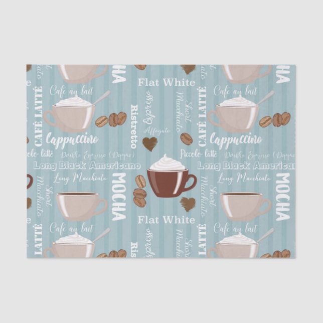 Papel De Seda Coffee Cups Blue Vertical Lines Caffeine Grains (Frente )