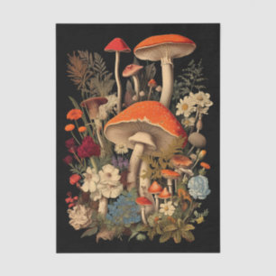 Papel De Seda Cogumelos Botânicos & Flores em Fundo Preto