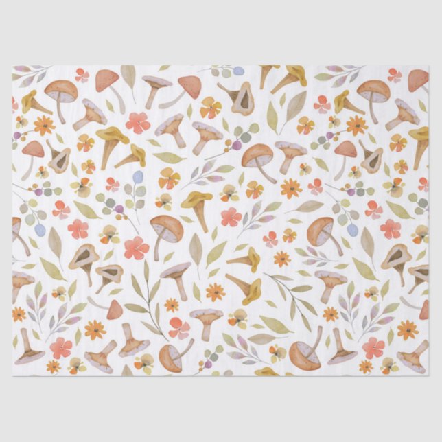 Papel De Seda Cogumelos e flores aquarelas (Frente )