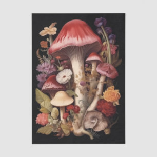 Papel De Seda Cogumelos e Flores de Fantasia em Fundo Preto