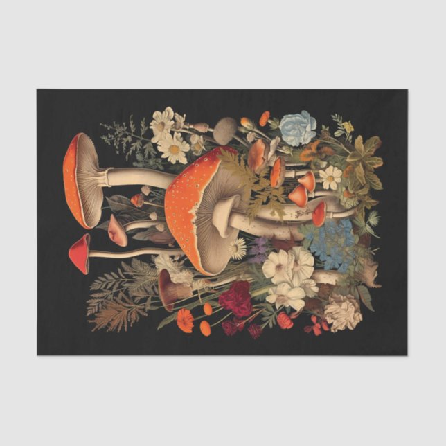 Papel De Seda Cogumelos Entre Flores Bonito Ilustração (Frente )