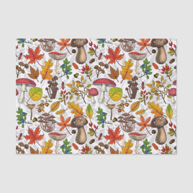 Papel De Seda Cogumelos, folhas, loucos e bagas de outono (Frente )