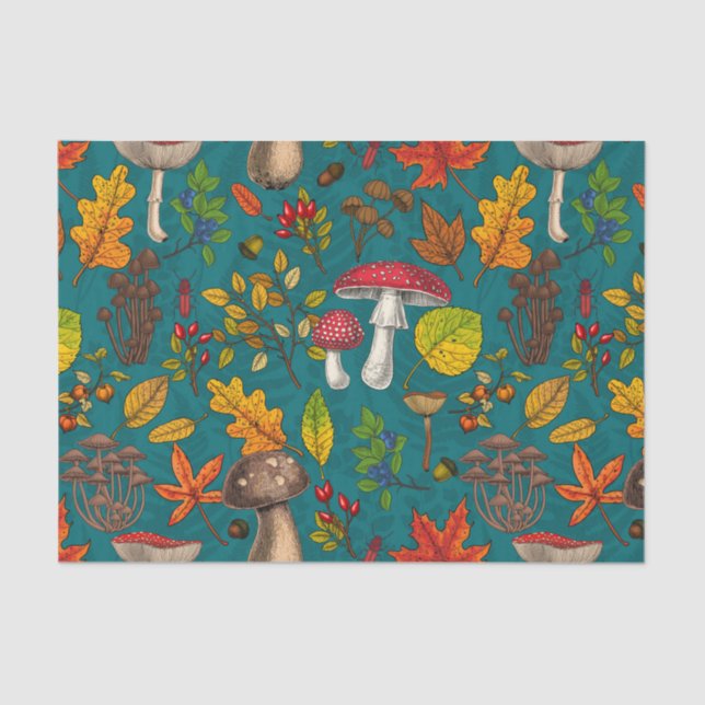 Papel De Seda Cogumelos, folhas, loucos e bagas de outono, em az (Frente )