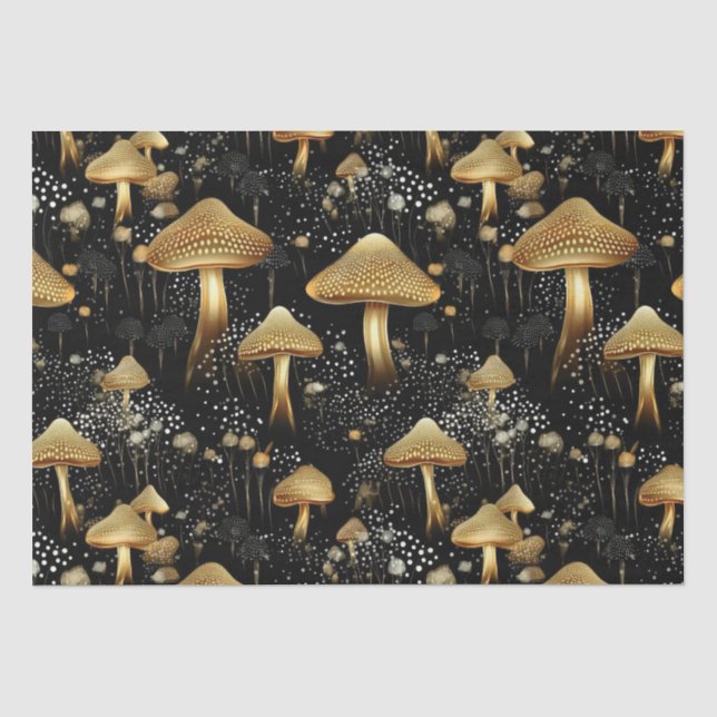 Papel De Seda Cogumelos Pretos e Dourados (Frente )
