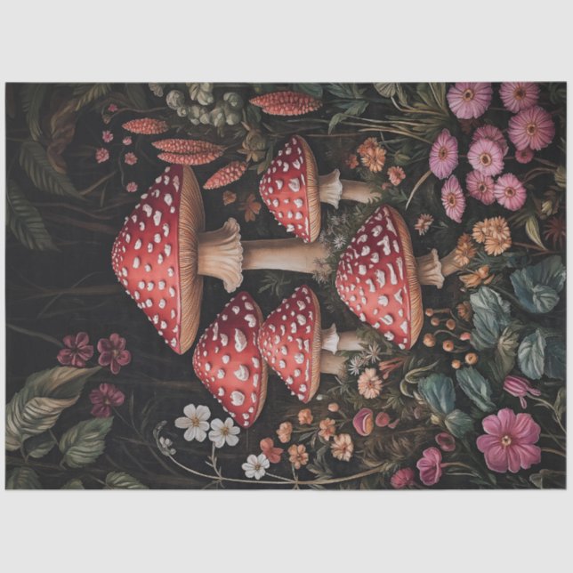 Papel De Seda Cogumelos Vermelhos em uma Floresta Fantástica (Frente )