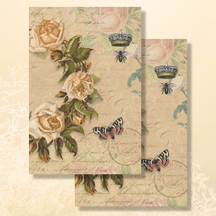 Papel De Seda Colagem de Ephemera, Rosa Dourado, Buquê Floral Vi
