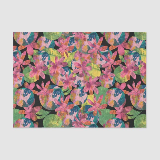 Papel De Seda Colagem de Flores Rosa em Fundo Preto (Frente )