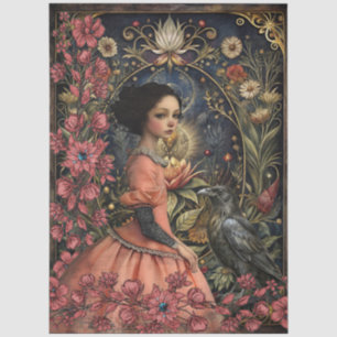 Papel De Seda Colagem Floral de Garota Gótica Vitoriana e Corvo