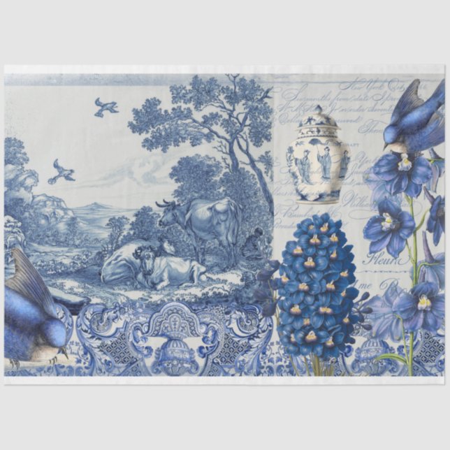 Papel De Seda Colagem Floral Floral de Toile Branca Chinoiserie (Frente )