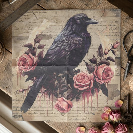 Papel De Seda Colagem Gótica Vintage de Corvo e Rosas Rosas