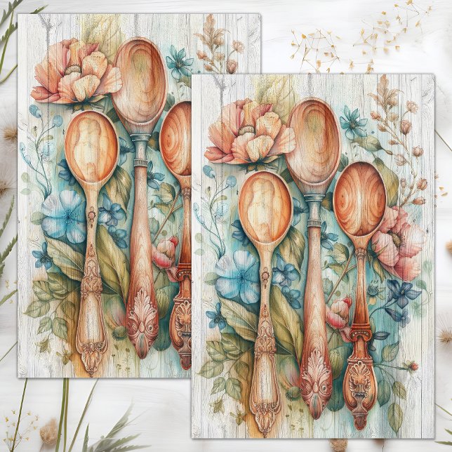 PAPEL DE SEDA COLHERES DE PAU DECUPAGEM FLORAL (WOODEN SPOONS FLORAL DECOUPAGE TISSUE PAPER)