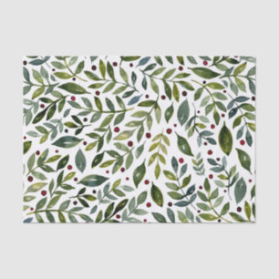 Papel De Seda Coloração aquosa verde ramos e bagas sazonais