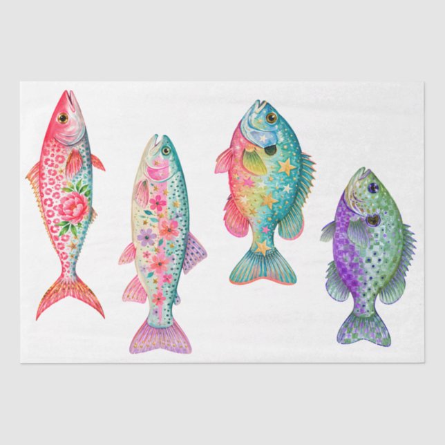 Papel De Seda Colorido Fantasioso Peixe Floral Aquarela (Frente )