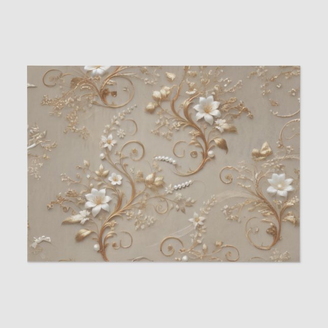 Papel de Seda com Decoupage Floral Branco e Dourad (Frente )