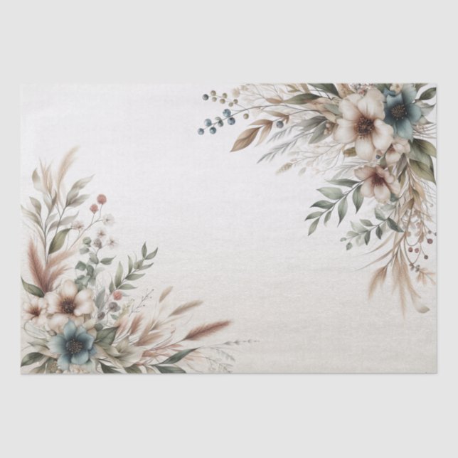 Papel de Seda com Flores Azul Marfim em Aquarela (Frente )