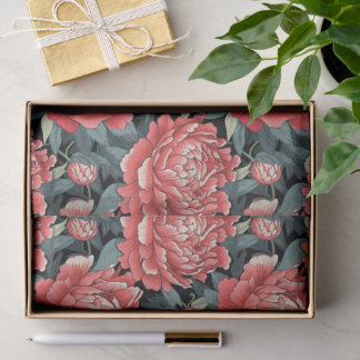 Papel de Seda com Flores de Peônia Vermelho Coral 