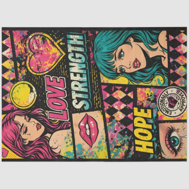 Papel De Seda Comic Pop Art Decoupage Paper Love Strength Hope  (Frente )