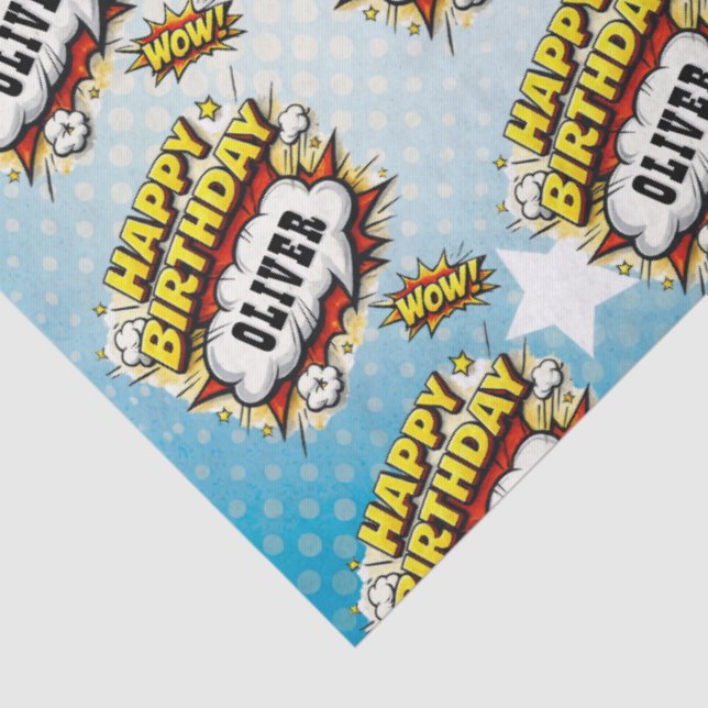 Papel De Seda Comic Style Superhero Boy's Name Birthday  (Detalhes)