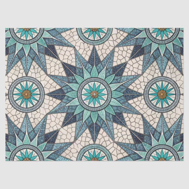 Papel De Seda Compasso Mosaico Índigo Turquesa – Vidro Fosco (Frente )