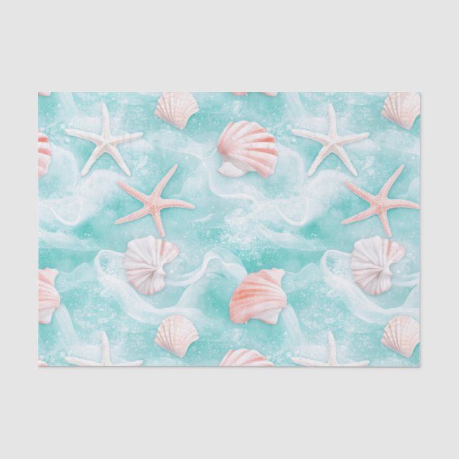 Papel De Seda Conchas e Ondas do Oceano Padrão (1) (Frente )