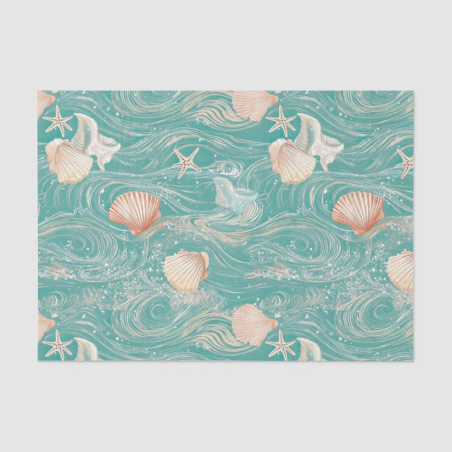 Papel De Seda Conchas e Ondas do Oceano Padrão (10) (Frente )