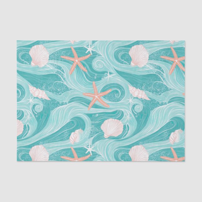 Papel De Seda Conchas e Ondas do Oceano Padrão (13) (Frente )
