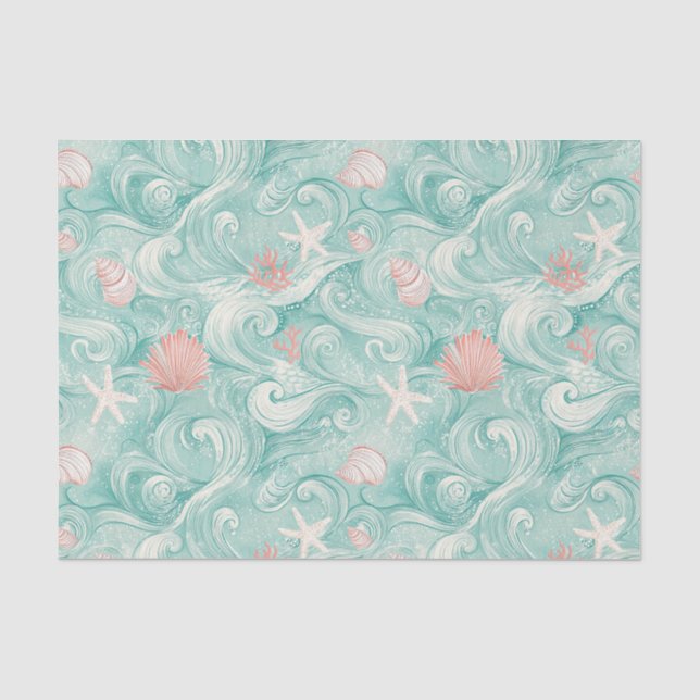 Papel De Seda Conchas e Ondas do Oceano Padrão (3) (Frente )