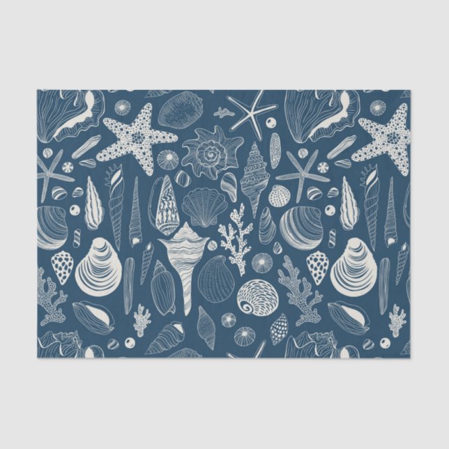 Papel De Seda Conchas marítimas em azul escuro (Frente )
