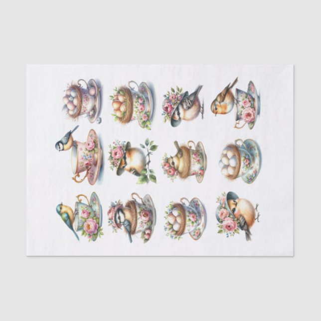 Papel De Seda Conjunto de Pássaros Bonitos com Chapéus Sentados  (Frente )