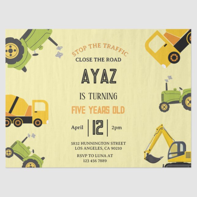 Papel De Seda Construction Dump Truck Party Boy Birthday  Tissue (Frente )