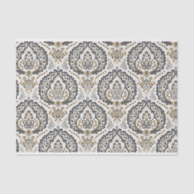 Papel De Seda Cor damasco de vindima em bege e Cinza (Frente )