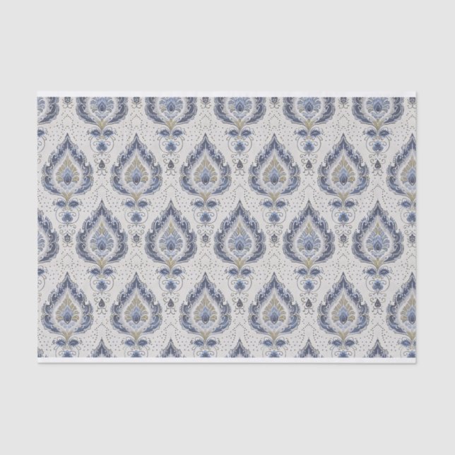 Papel De Seda Cor damasco de vindima em tons de azul (Frente )